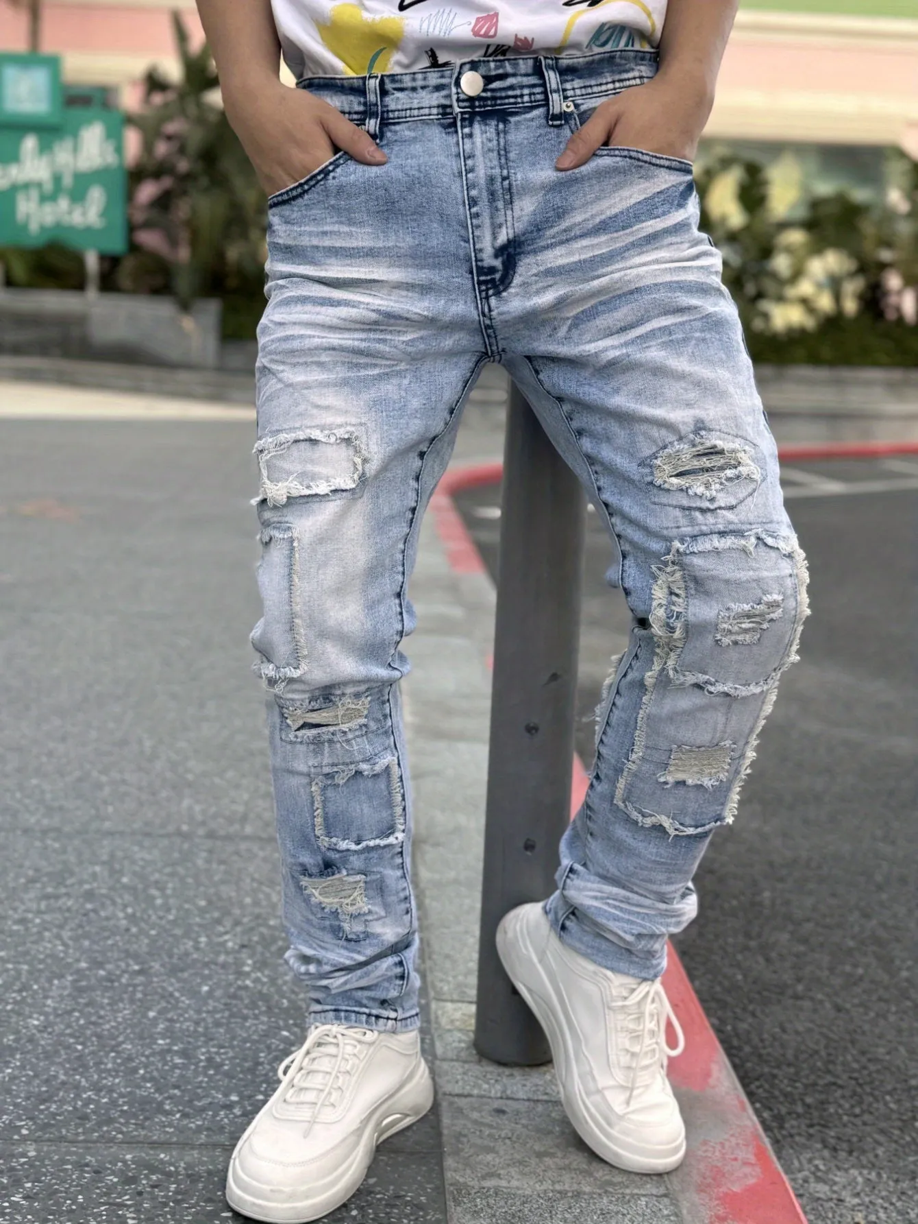 Men's Ripped Embroidery Stretch Denim Jeans - Trendy Street Style