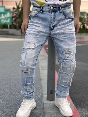 Men's Ripped Embroidery Stretch Denim Jeans - Trendy Street Style