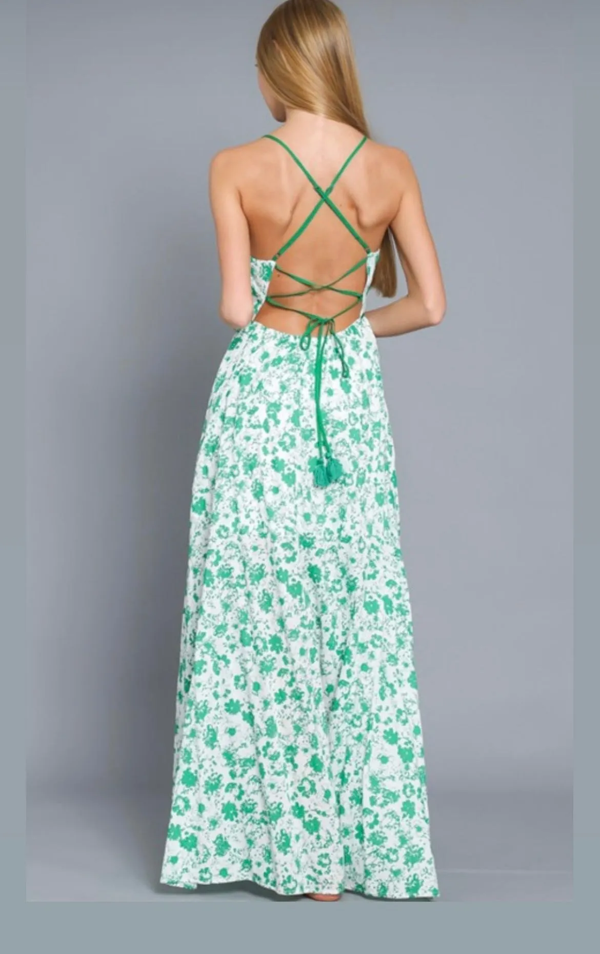 Miranda Green Floral Open Back Maxi Dress