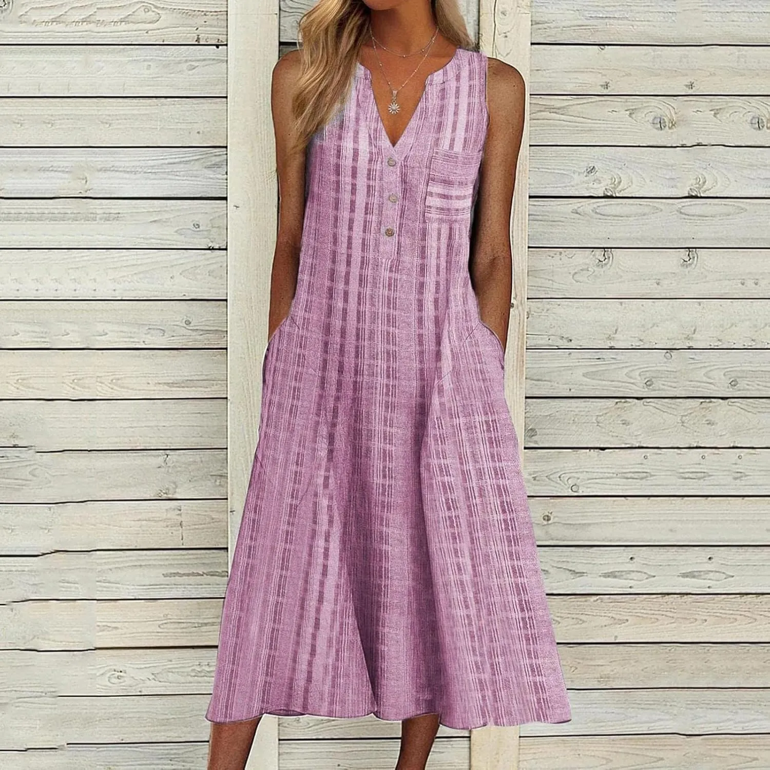 Mzkdieey Women's Summer Striped Print Button Down V Neck Maxi Dresses Sleeveless Loose Tank Dress Beach Vacation Sundress