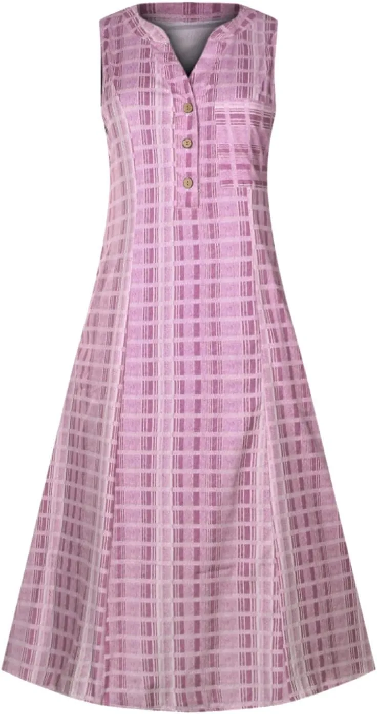 Mzkdieey Women's Summer Striped Print Button Down V Neck Maxi Dresses Sleeveless Loose Tank Dress Beach Vacation Sundress