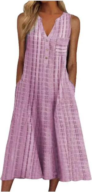 Mzkdieey Women's Summer Striped Print Button Down V Neck Maxi Dresses Sleeveless Loose Tank Dress Beach Vacation Sundress