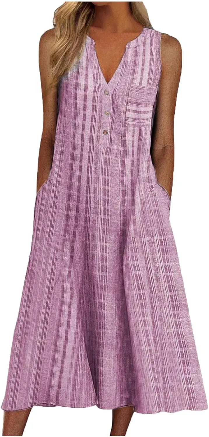 Mzkdieey Women's Summer Striped Print Button Down V Neck Maxi Dresses Sleeveless Loose Tank Dress Beach Vacation Sundress