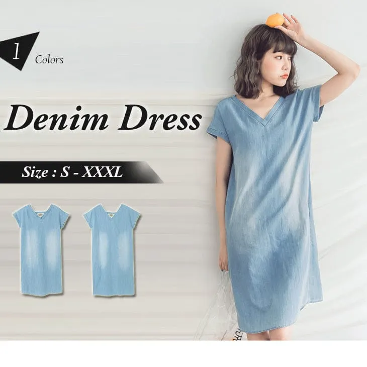 ORANGEBEAR SHORT SLEEVE V-NECK DENIM DRESS