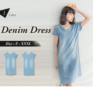 ORANGEBEAR SHORT SLEEVE V-NECK DENIM DRESS