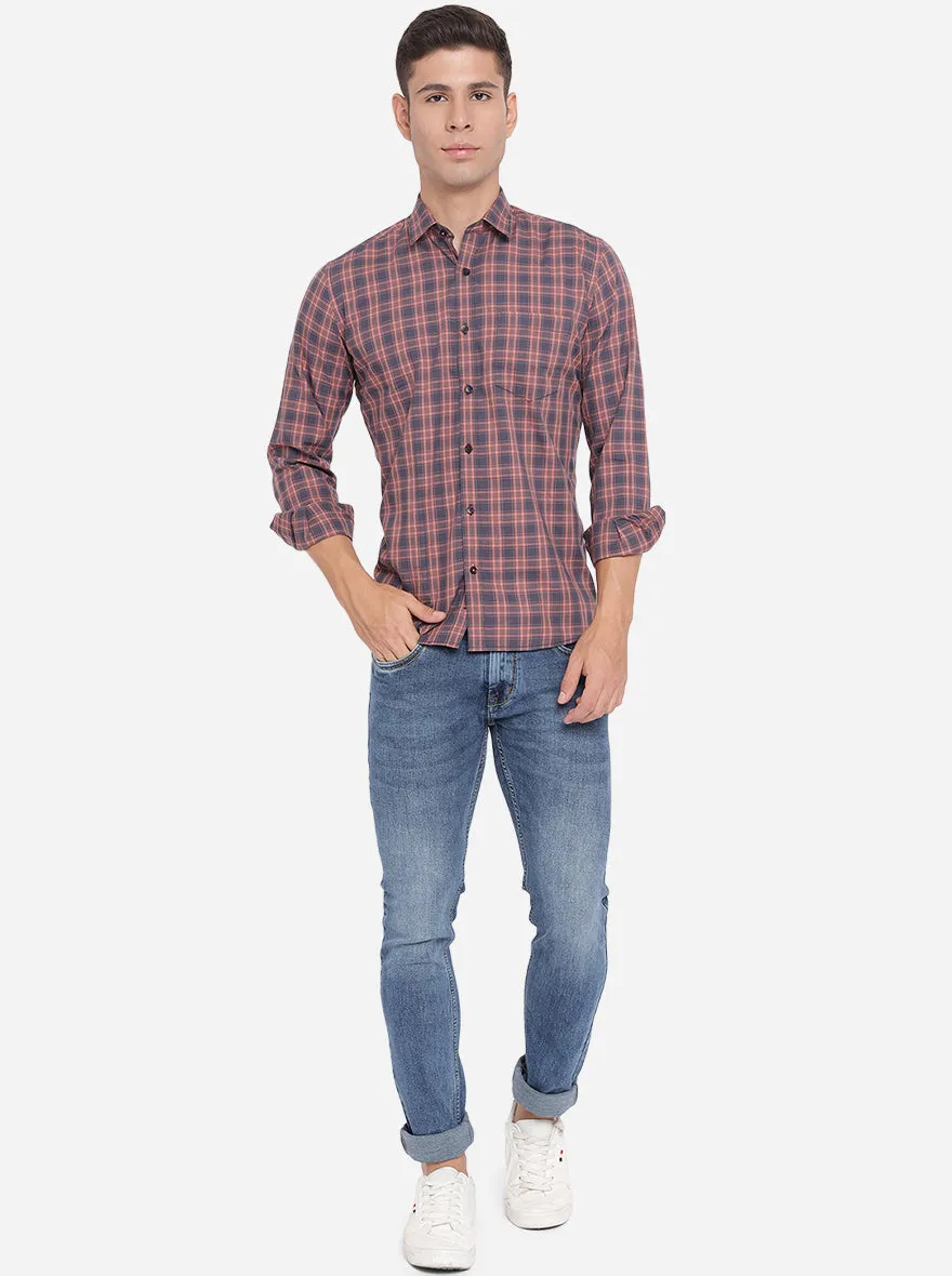 Pink & Grey Checked Slim Fit Casual Shirt | Greenfibre