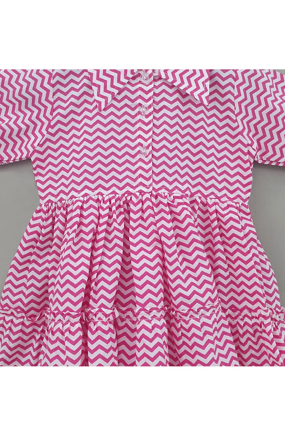 Pink Zigzag Printed Cotton Shirt Style Dress