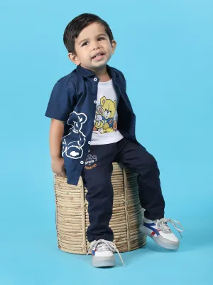 Polka Tots Half Sleeves Teddy print T-shirt shirt - Navy Blue