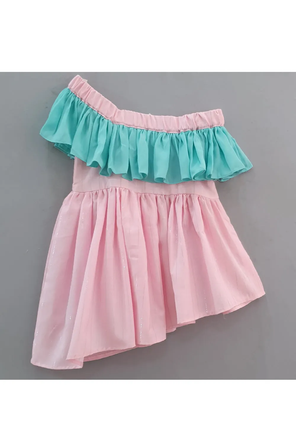 Sea Green And Pink Off Shoulder Cotton dress