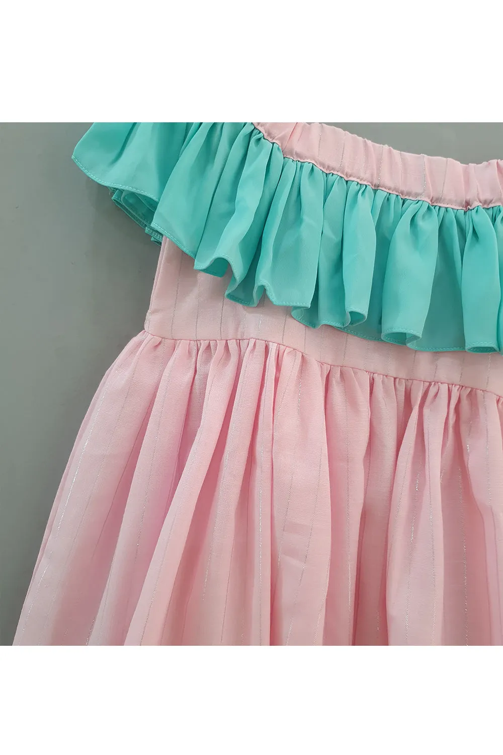 Sea Green And Pink Off Shoulder Cotton dress