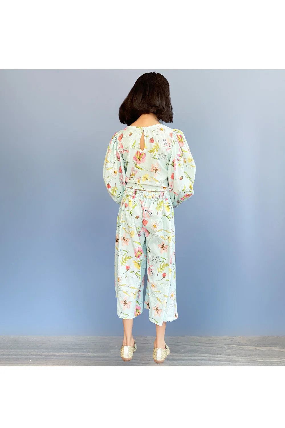 Sea Green Floral Printed Full Sleeves Top With Palazzo Set