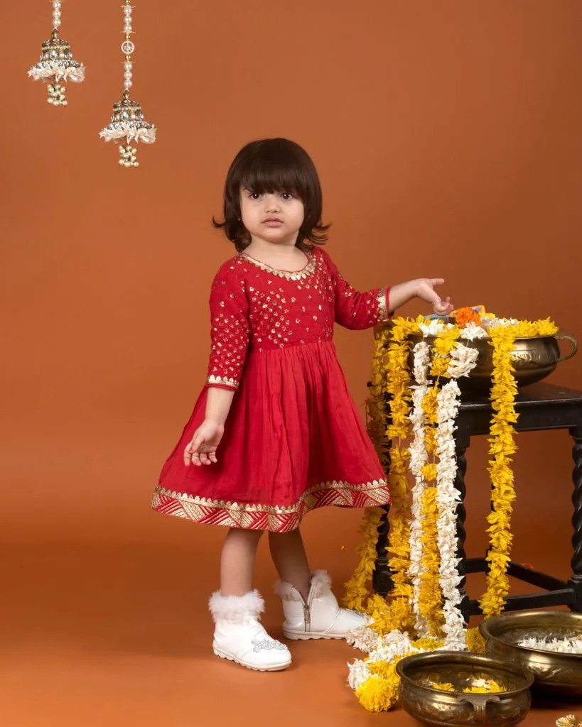 Sequin work yoke red frock