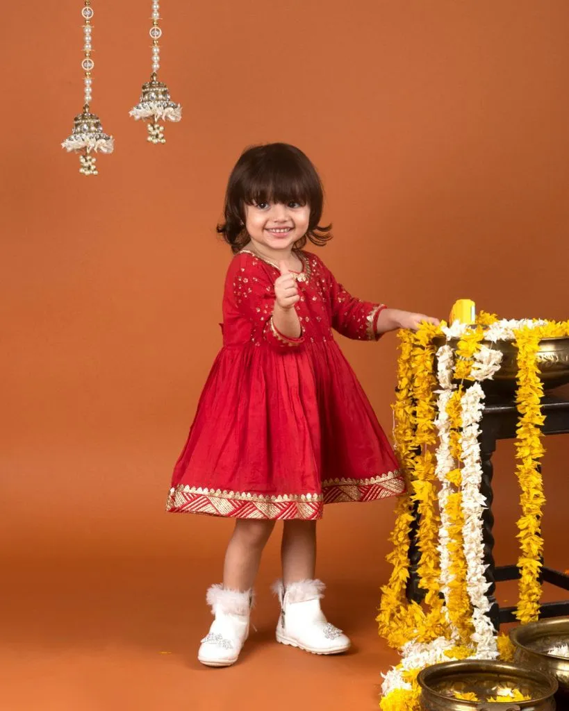 Sequin work yoke red frock