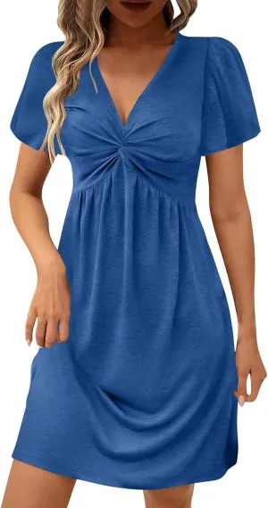 Summer Dresses for Women Short Sleeve Casual Sundress Solid Color Loose Fit V-Neck Pleated Vacation Beach Dress