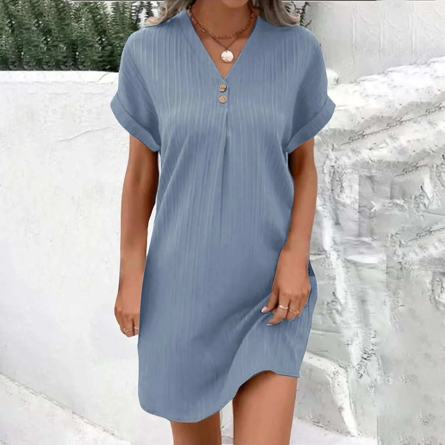 TARIENDY Womens Short Sleeve Dress Loose Fit V Neck Dresses Casual Summer Comfy Sundress Plain Beach Vacation Outfits 2025