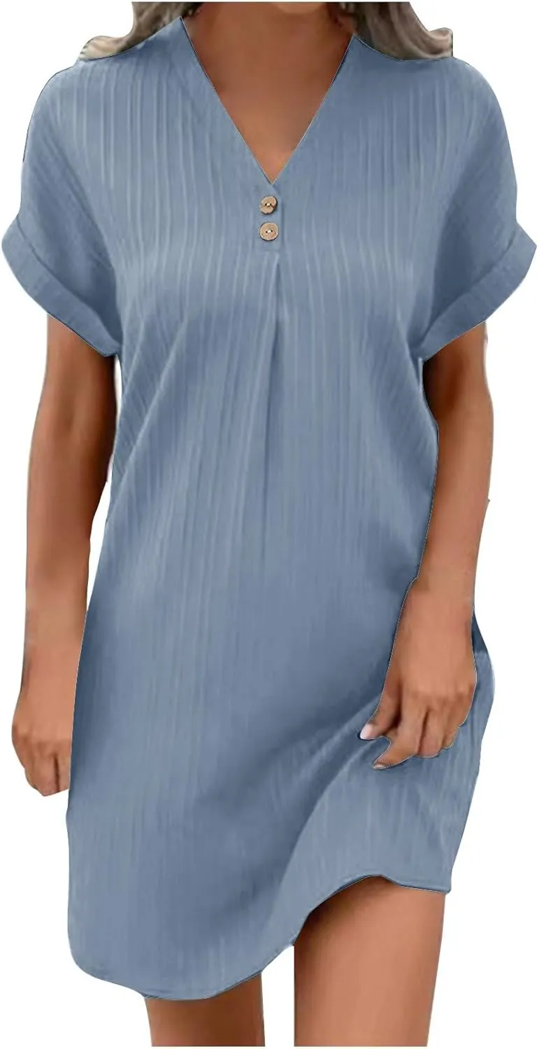TARIENDY Womens Short Sleeve Dress Loose Fit V Neck Dresses Casual Summer Comfy Sundress Plain Beach Vacation Outfits 2025