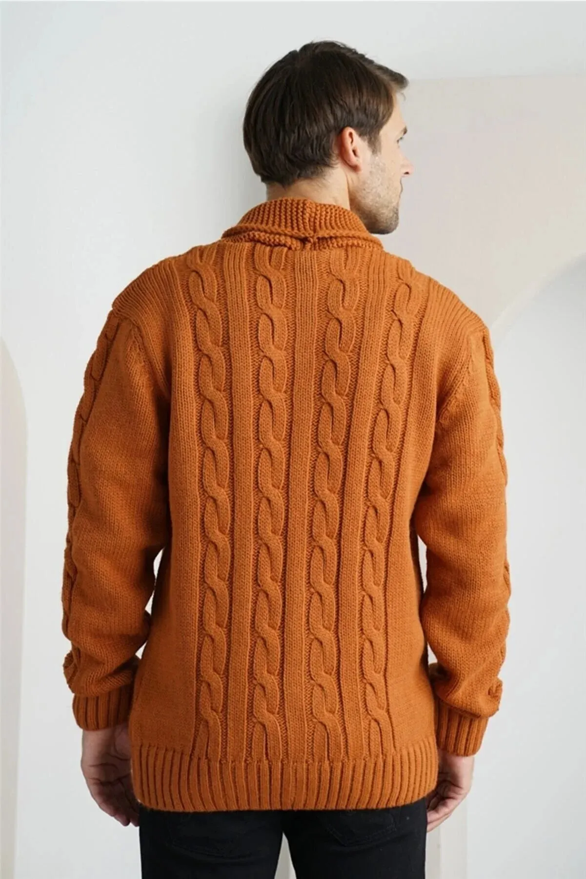 Traz Cool Men's Mustard Shawl Collar Hair Knitted Knitwear Small Size Cardigan