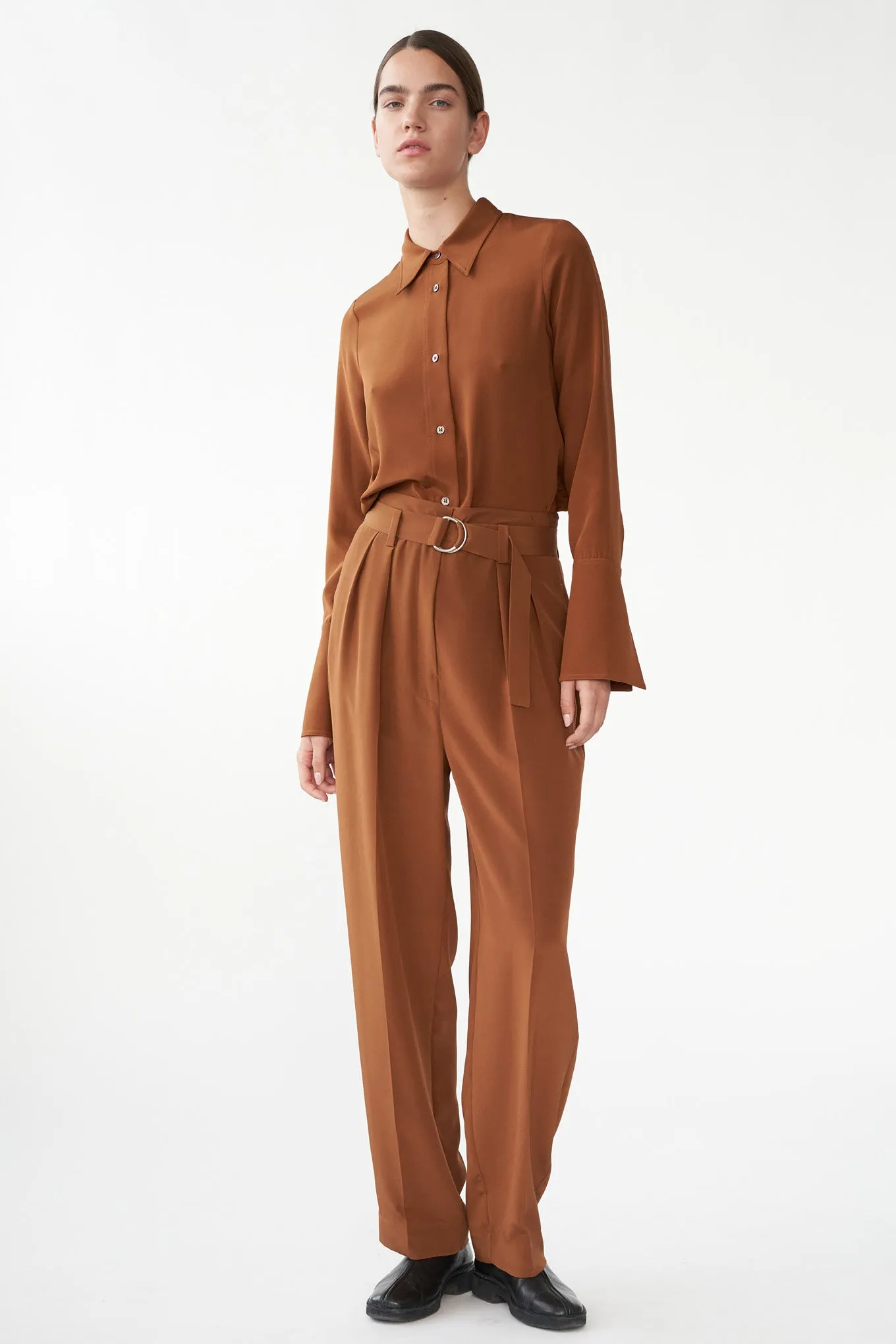 VALENTIN BUTTON SHIRT - SUEDE BROWN - SILK/SPANDEX