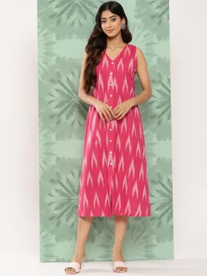Varanga Pink Self Design A-Line Midi V-Neck Dress