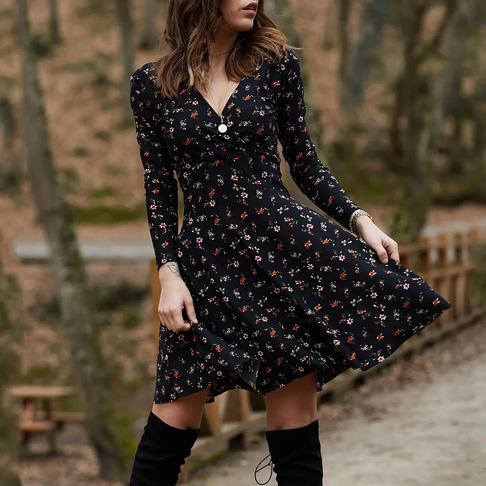 Vintage Floral Print Swing Midi Retro High Waist Draped Long Sleeve Party Casual Elegant Dress