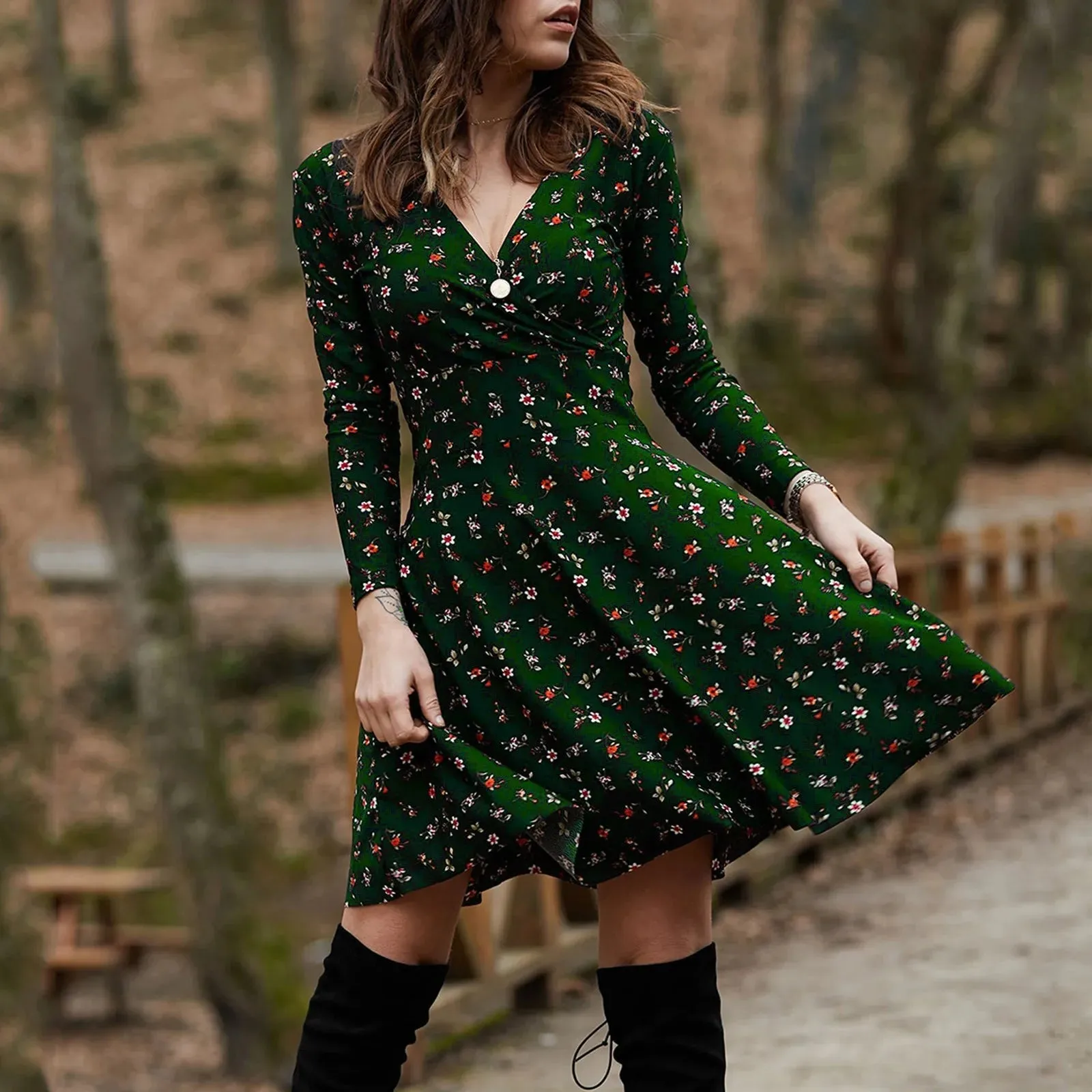 Vintage Floral Print Swing Midi Retro High Waist Draped Long Sleeve Party Casual Elegant Dress