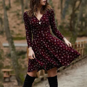 Vintage Floral Print Swing Midi Retro High Waist Draped Long Sleeve Party Casual Elegant Dress