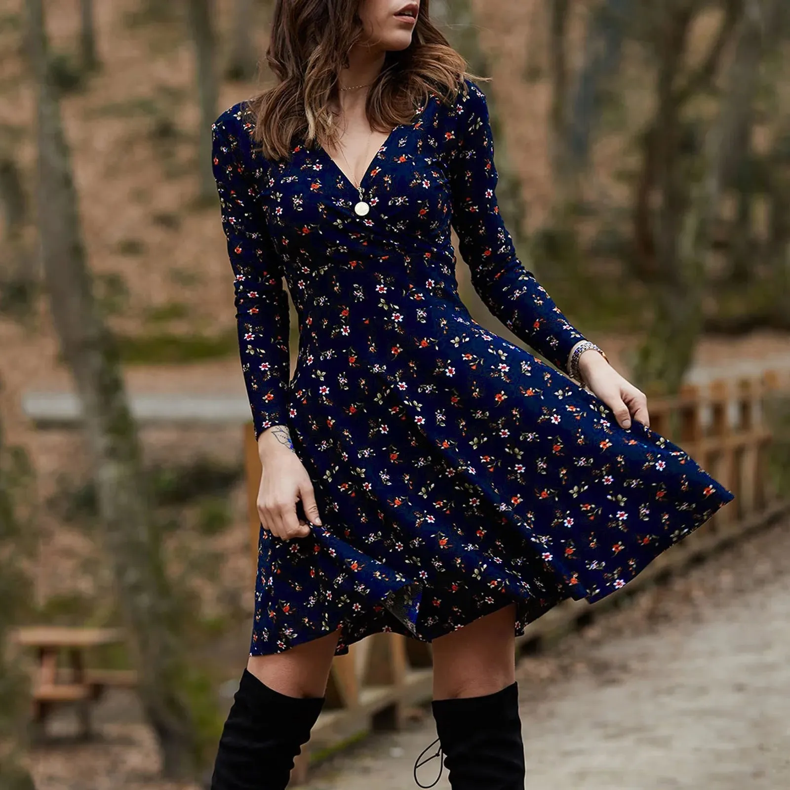 Vintage Floral Print Swing Midi Retro High Waist Draped Long Sleeve Party Casual Elegant Dress