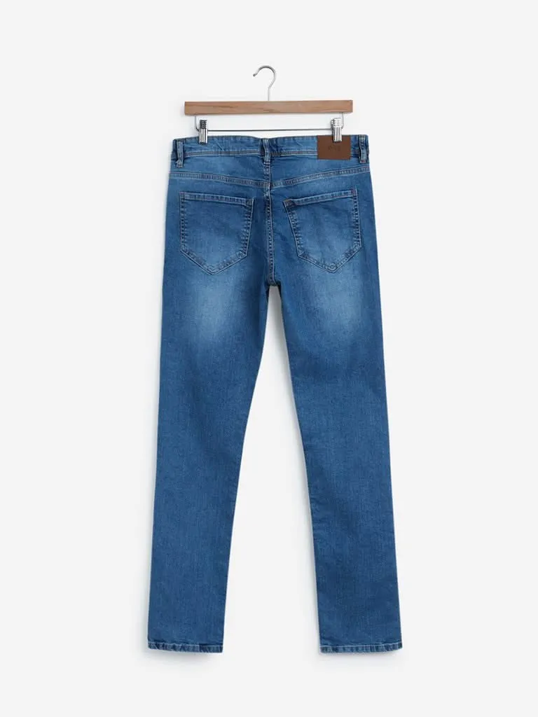 WES Casuals Blue Slim-Fit Faded Jeans