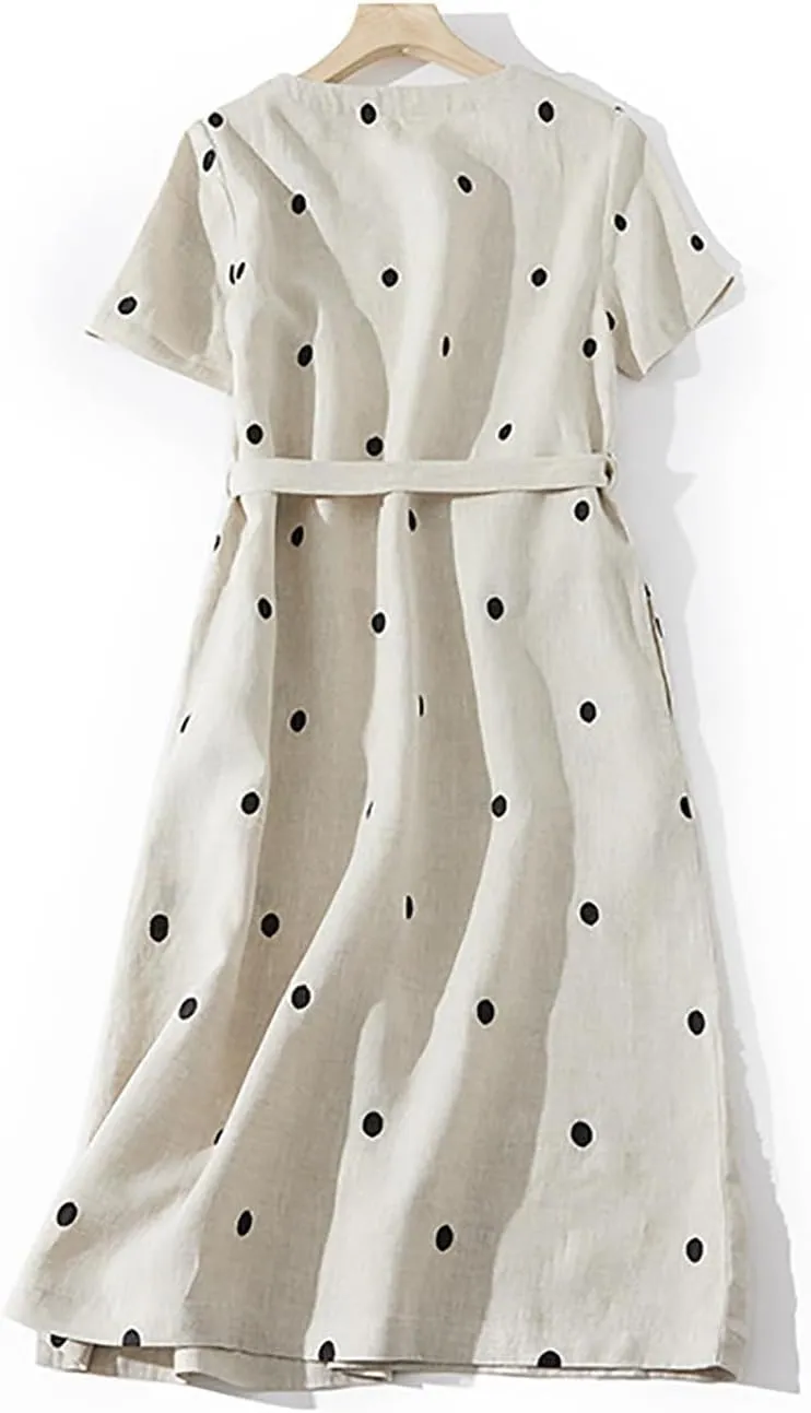 Womens Boho Floral Dresses Cotton Linen Short Sleeves Maxi Swing Dress, Summer Dress for Women 2024 Beach Sundress