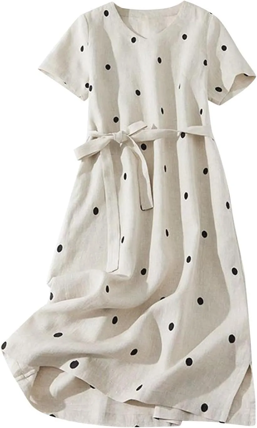 Womens Boho Floral Dresses Cotton Linen Short Sleeves Maxi Swing Dress, Summer Dress for Women 2024 Beach Sundress