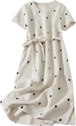 Womens Boho Floral Dresses Cotton Linen Short Sleeves Maxi Swing Dress, Summer Dress for Women 2024 Beach Sundress