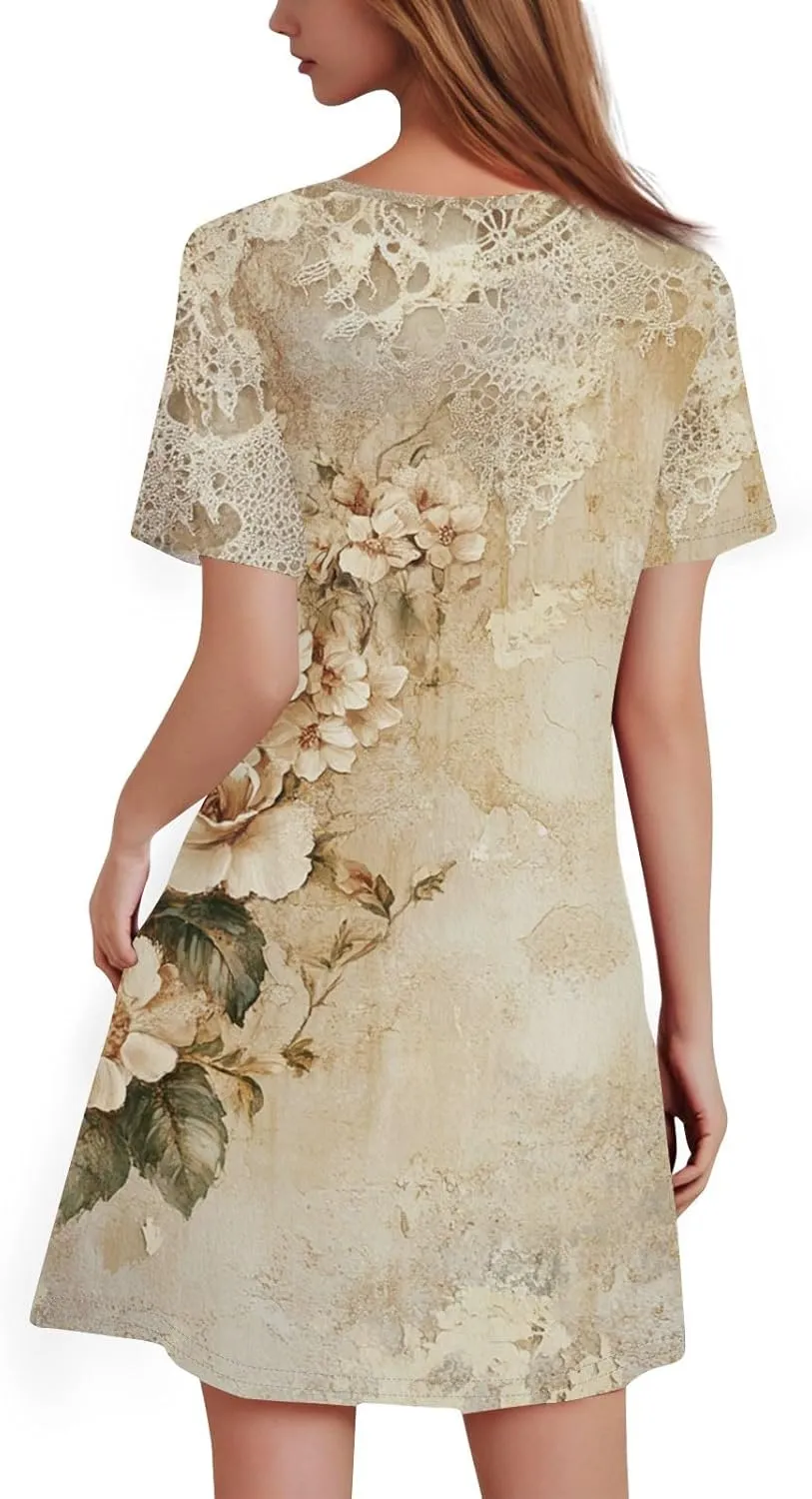 Women's Casual A-Line Dresses Summer Floral Tshirt Dress Short Sleeve Mini Dress Flowy Sundresses