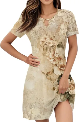 Women's Casual A-Line Dresses Summer Floral Tshirt Dress Short Sleeve Mini Dress Flowy Sundresses