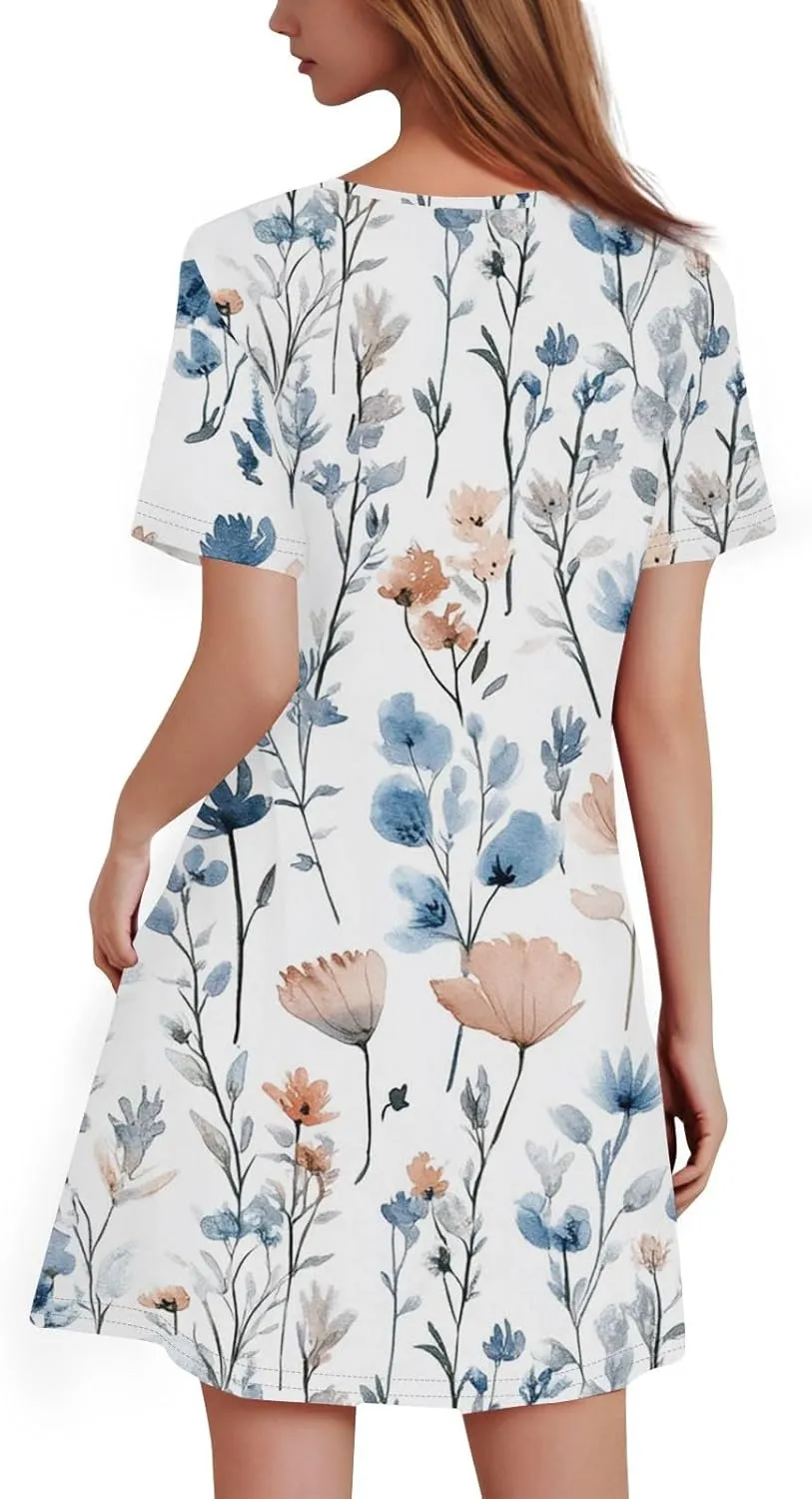 Women's Casual A-Line Dresses Summer Floral Tshirt Dress Short Sleeve Mini Dress Flowy Sundresses