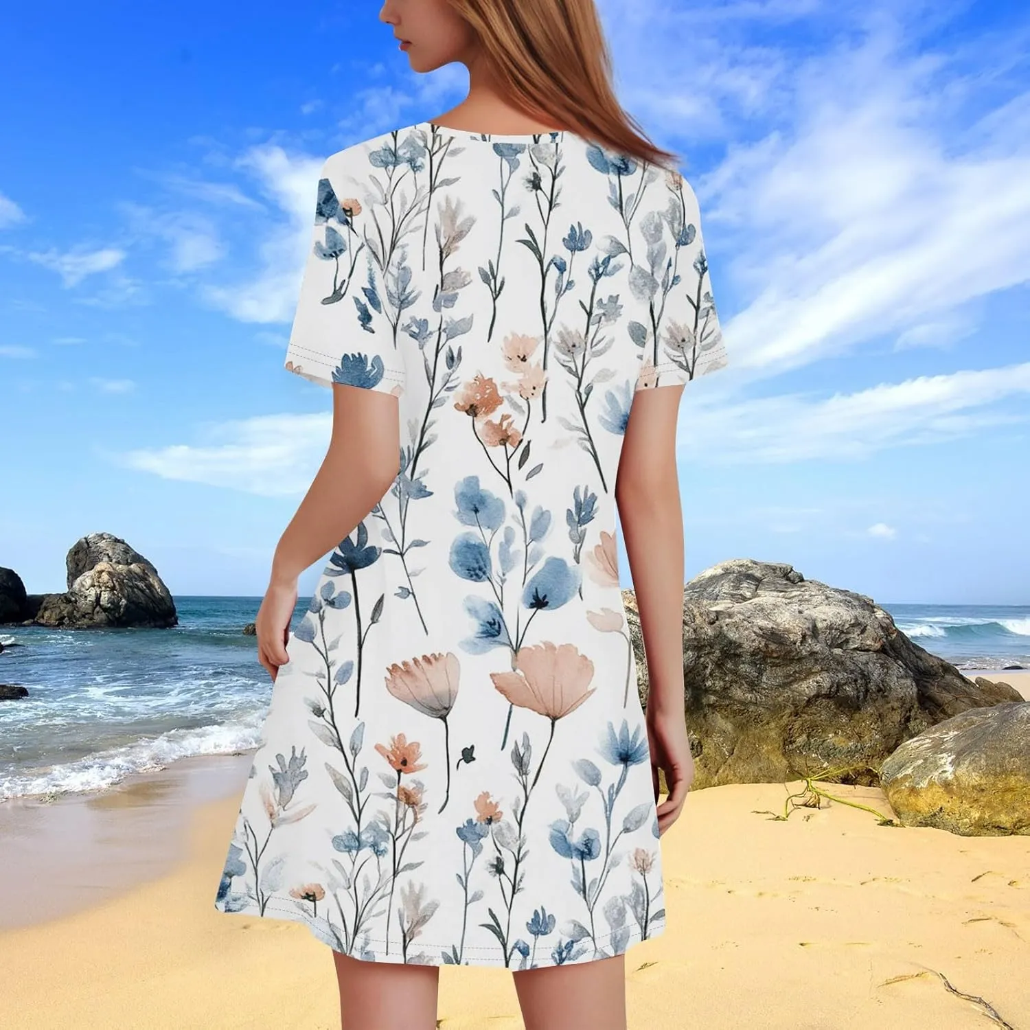 Women's Casual A-Line Dresses Summer Floral Tshirt Dress Short Sleeve Mini Dress Flowy Sundresses