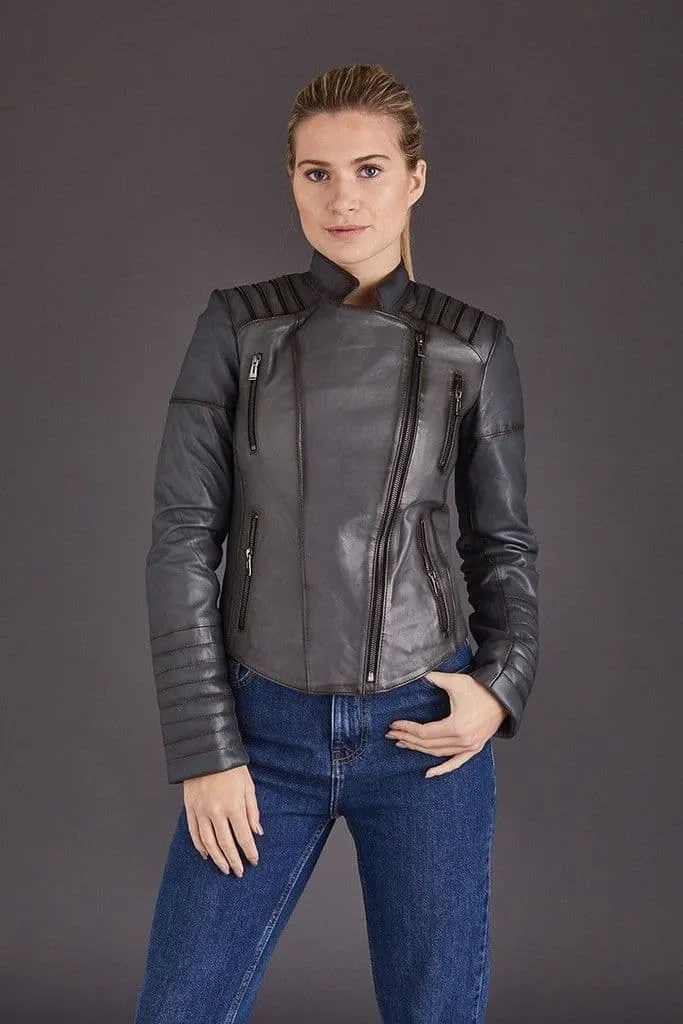 Womens Motorcycle Gray Leather Jacket