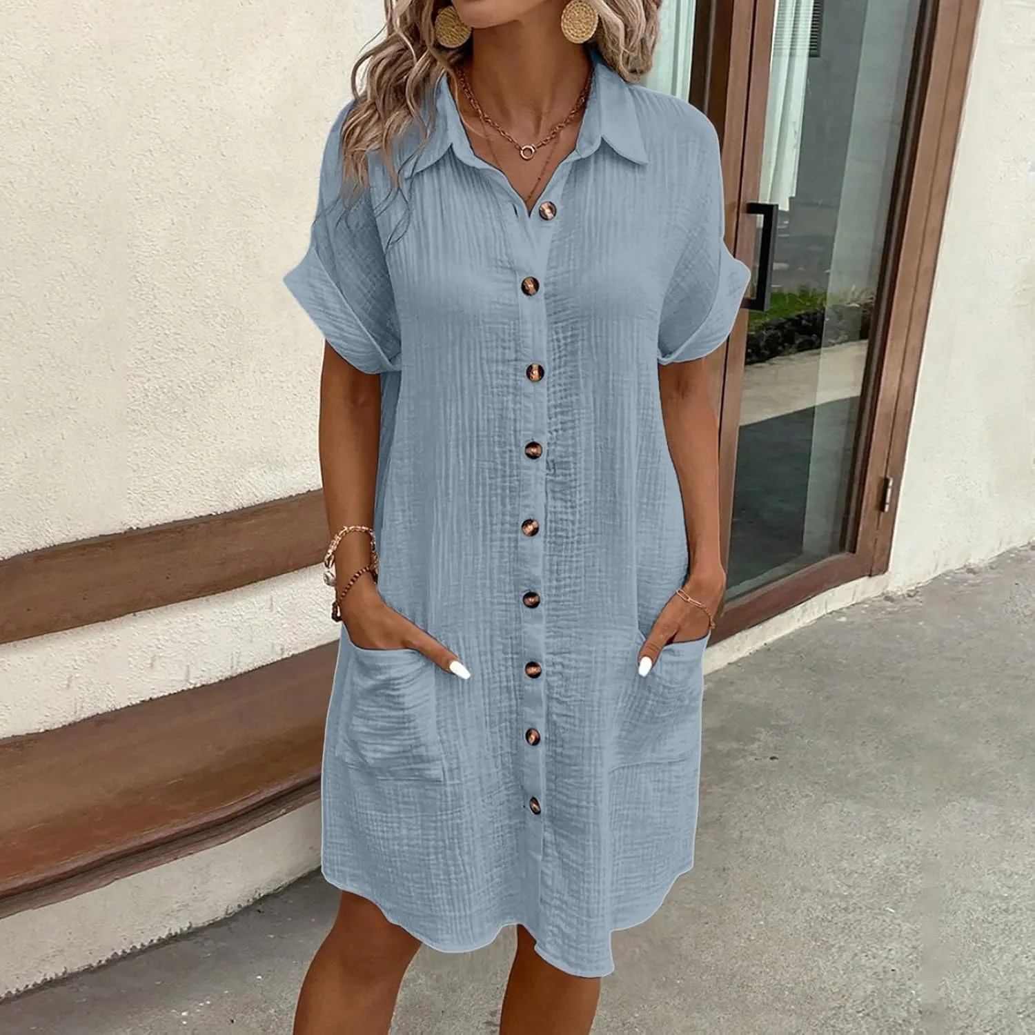 Women's Summer Dresses 2025 Cap Sleeves Button Down Solid Oversized Short Dress Tshirt Mini Dress with Pockets