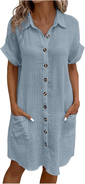 Women's Summer Dresses 2025 Cap Sleeves Button Down Solid Oversized Short Dress Tshirt Mini Dress with Pockets