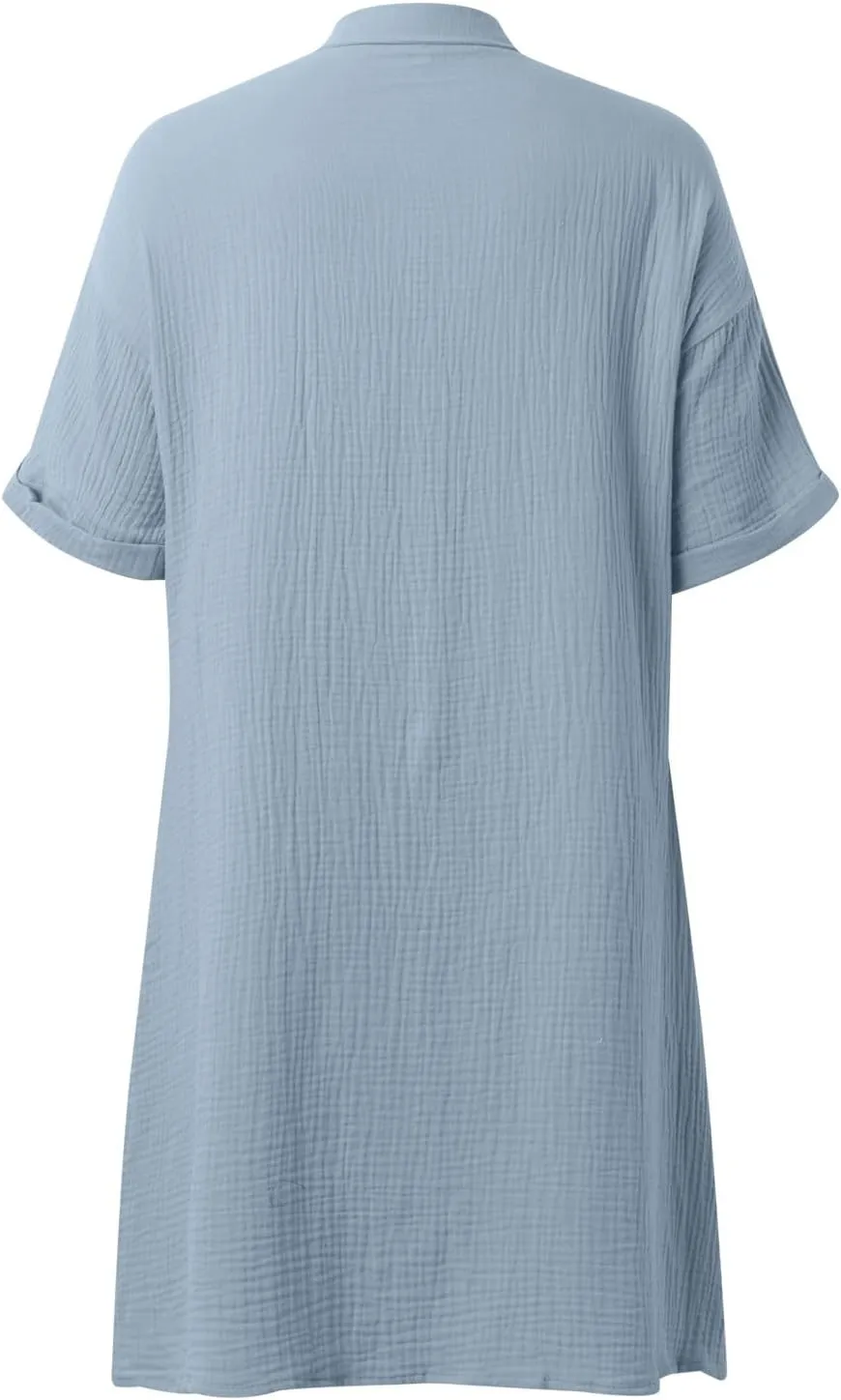 Women's Summer Dresses 2025 Cap Sleeves Button Down Solid Oversized Short Dress Tshirt Mini Dress with Pockets