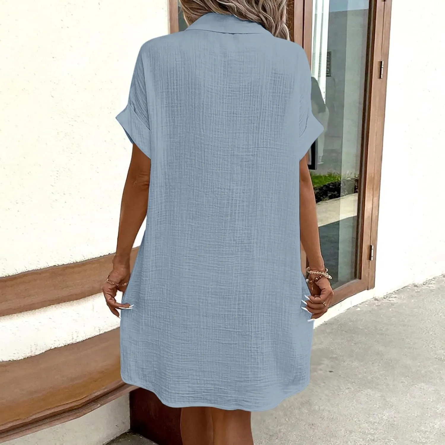 Women's Summer Dresses 2025 Cap Sleeves Button Down Solid Oversized Short Dress Tshirt Mini Dress with Pockets