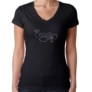 Womens T-Shirt Rhinestone Bling Black Fitted Tee Cougars Crown Shoe